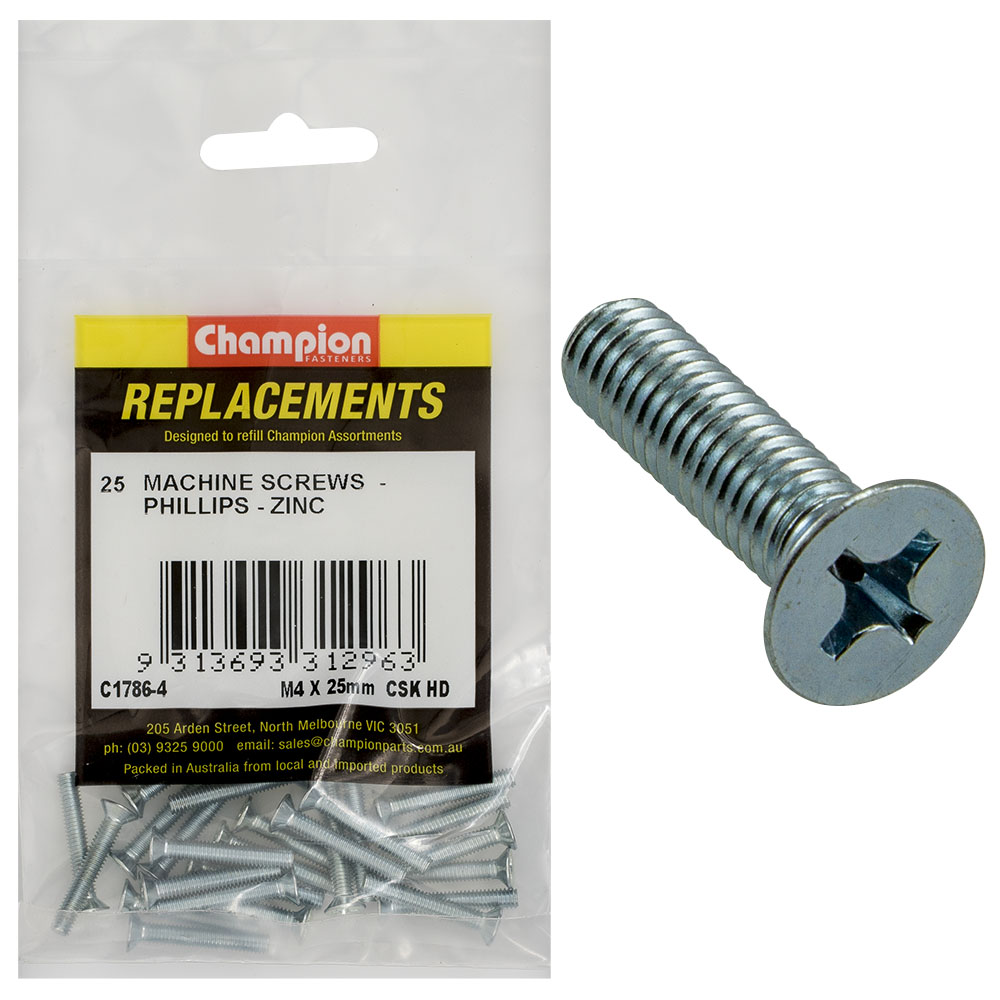 Champion M4 x 25mm Machine Screw -Csk -Ph -25pk