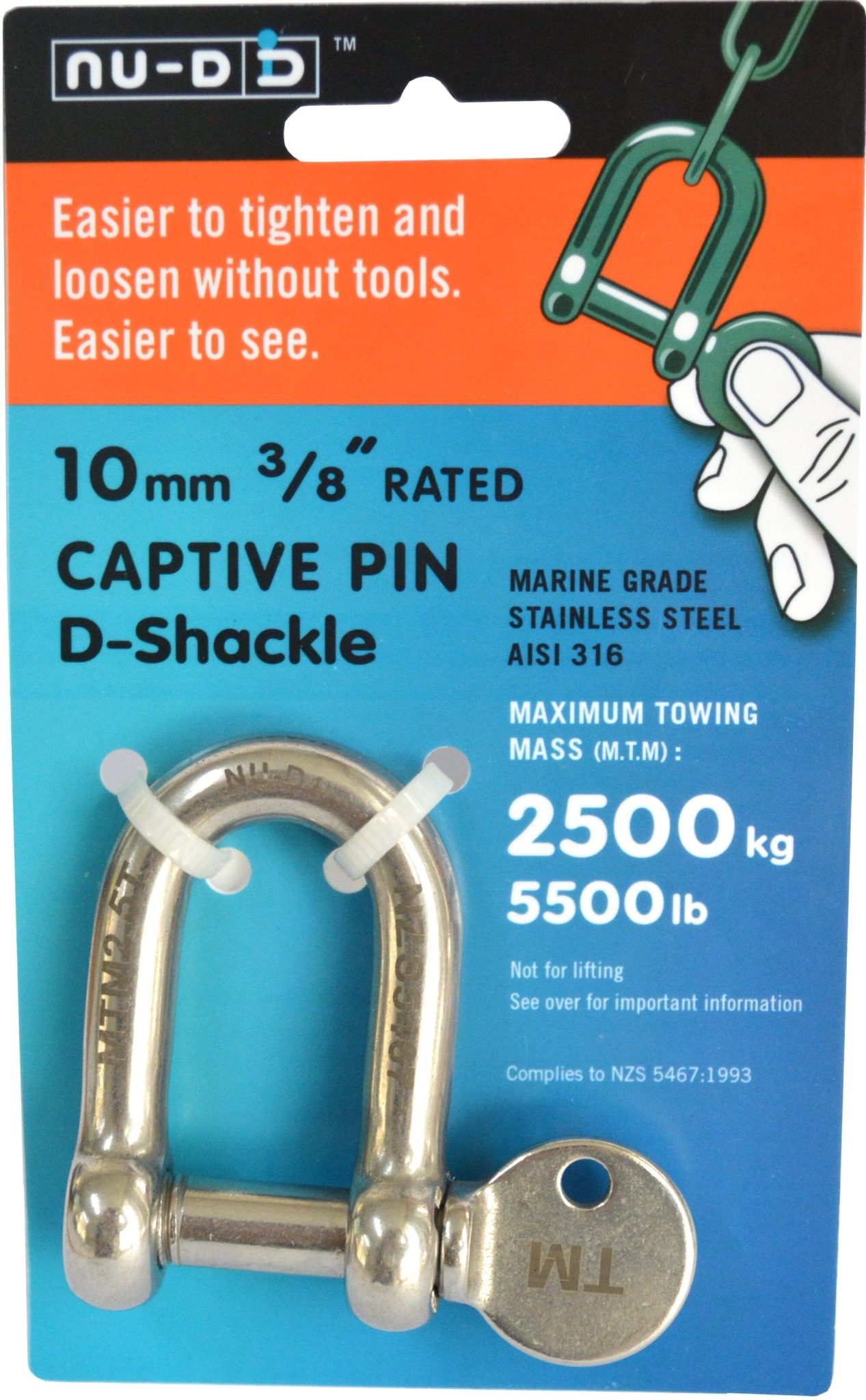 NU-D D Shackle Easy Tighten/Loosen Stainless Tested 2500Kg 10mm