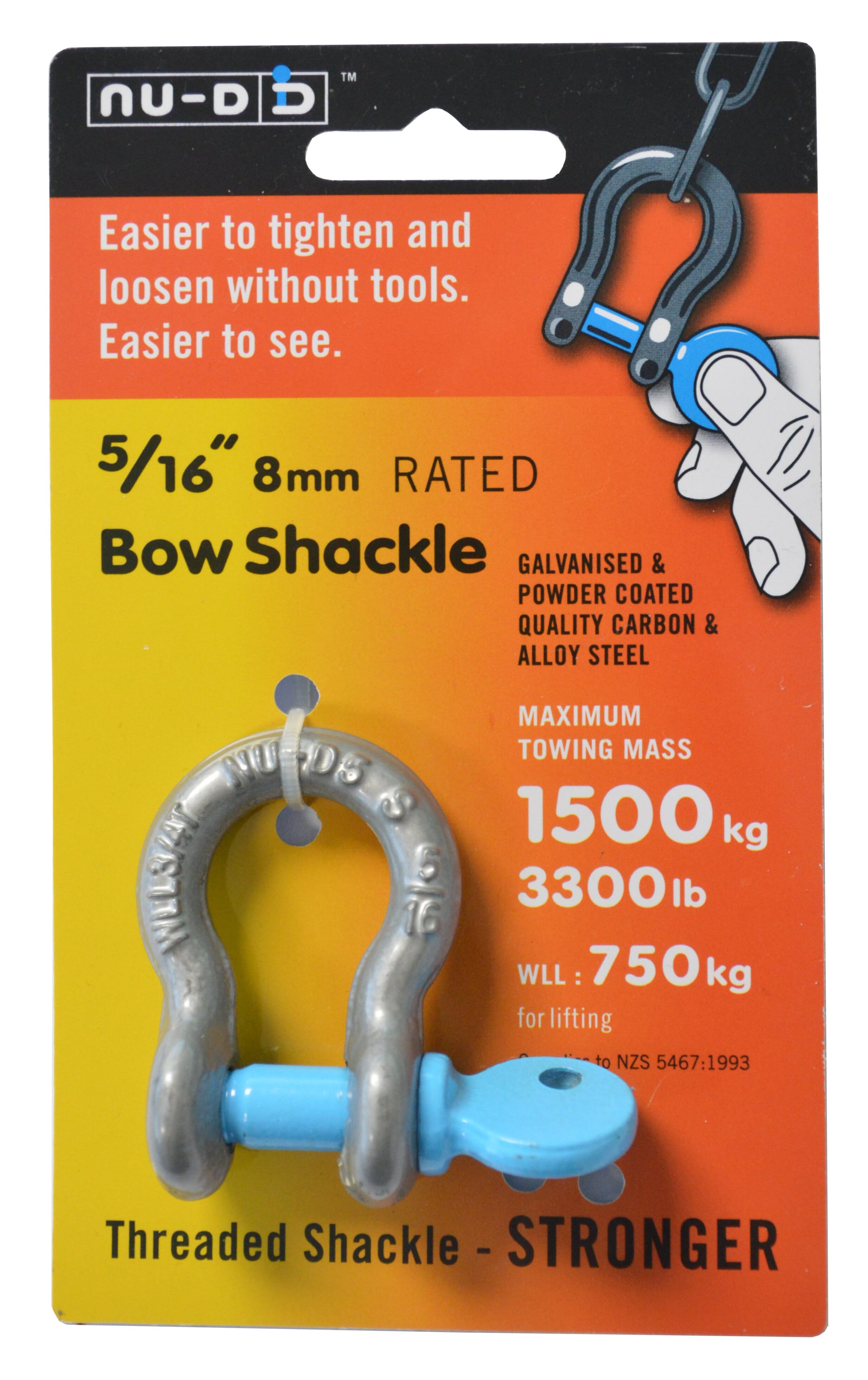 NU-D Bow Shackle Easy Tighten/Loosen Galvanised Tested WLL 750Kg 8mm