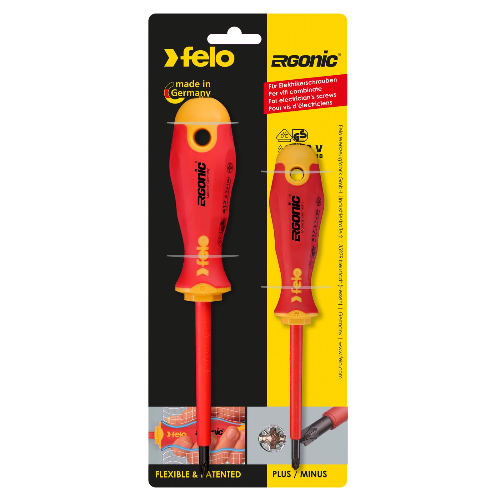 Felo 417 Ergonic Insulated Plus/Minus Screwdriver Set of 2 Sizes Z1 and Z2 Hardened Tip