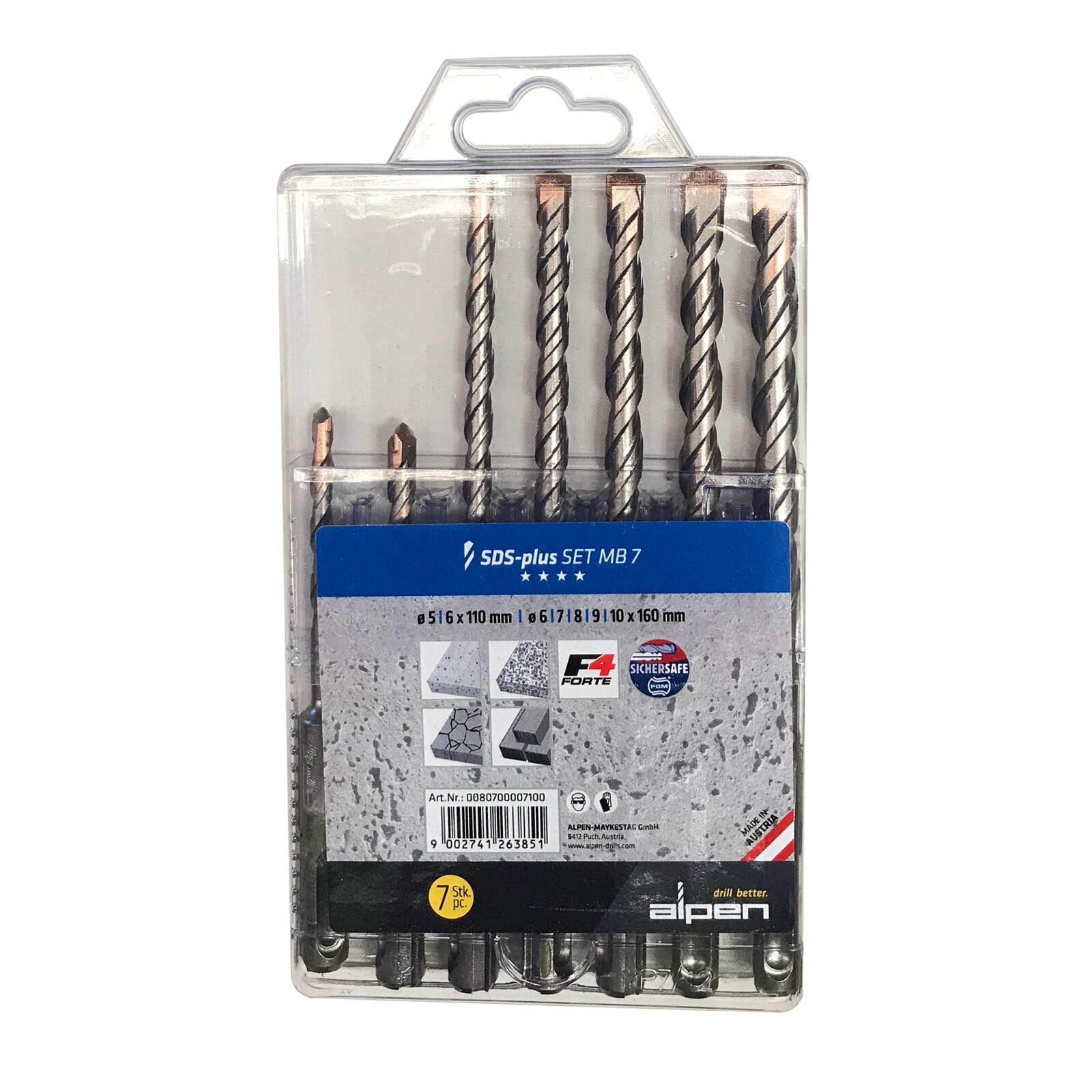 Alpen Series 807 SDS-Plus 2-Flute Masonry Drill Set MB7 7-Piece ? 5/6 mm ? 110 mm ? 6/7/8/9/10 mm ? 160 mm