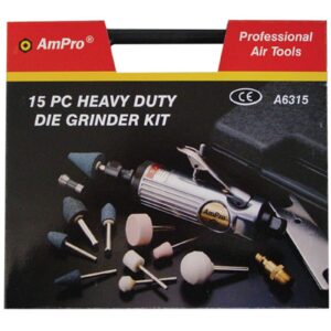 AmPro A6315E Air Die Grinder Kit with 6mm Collet 1/4"Dr 15pc + Air Hose