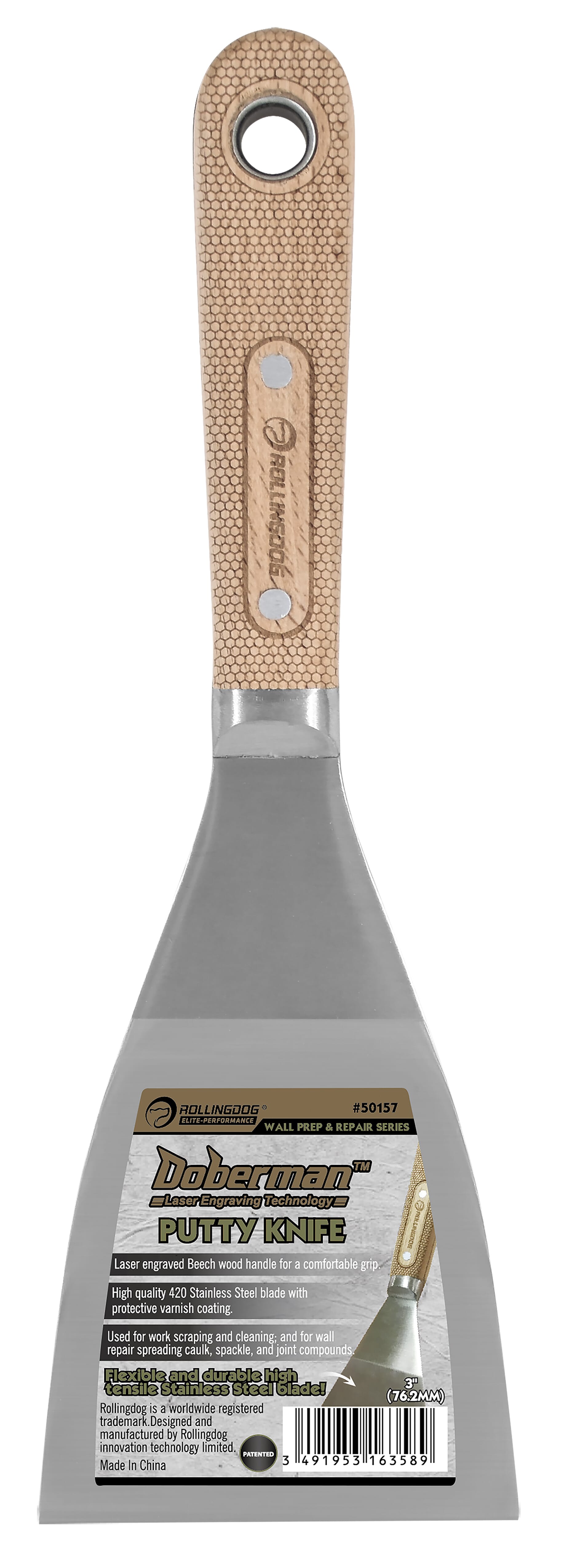 Rolling Dog Putty Knife Flexible 75mm Wooden Handle