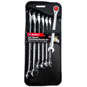 AmPro Geared Wrench Set 10-19 mm Mirror Finish 72-Tooth 7-Piece