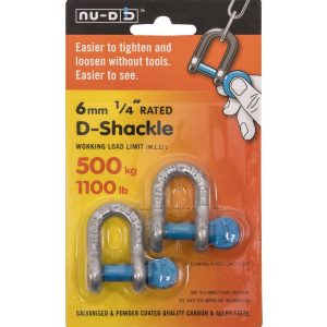 NU-D D Shackle Easy Tighten/Loosen Galvanised Tested 500Kg 6mm Twin Pack