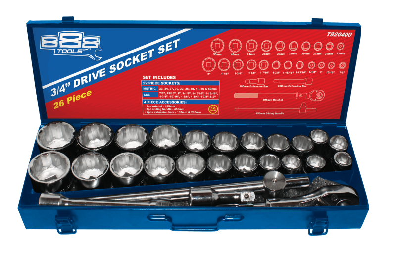 SOCKET SET - 888 3/4"DR 12PT 26PC METAL BOX